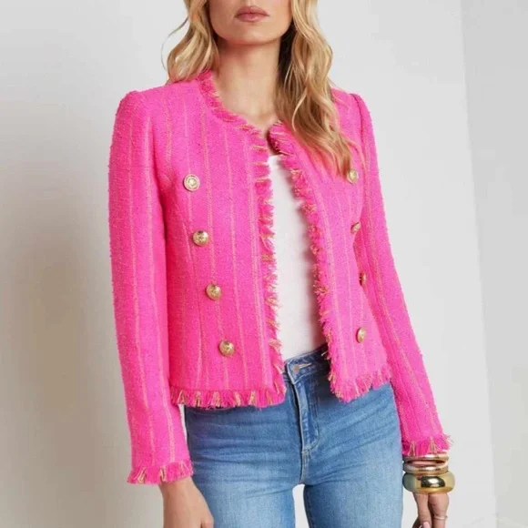 NEW L'AGENCE Tinlee Tweed Jacket - Barbie Pink Shocking Pink Gold Stripe - Picture 3 of 12